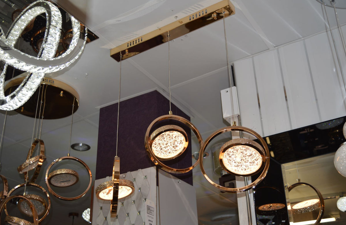 Rosegold Crystal Pendant Light with Rotating Ring-209 with matching different size lights