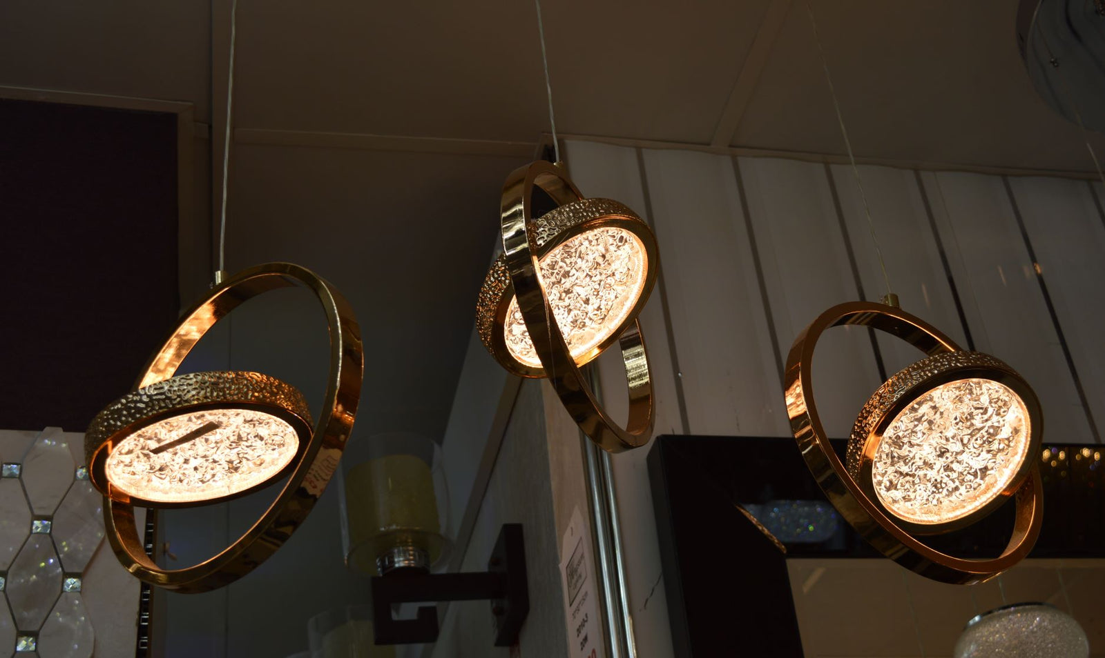 Rosegold Crystal Pendant Light with Rotating Ring-209 with matching different size lights