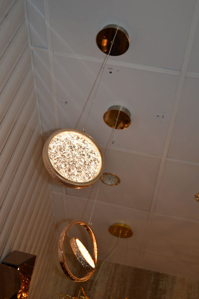 Pendant-Crystal Glass Pendant light with Rotating Ring-2010-1,3 & 5 rings(Rose Gold) with matching wall lights