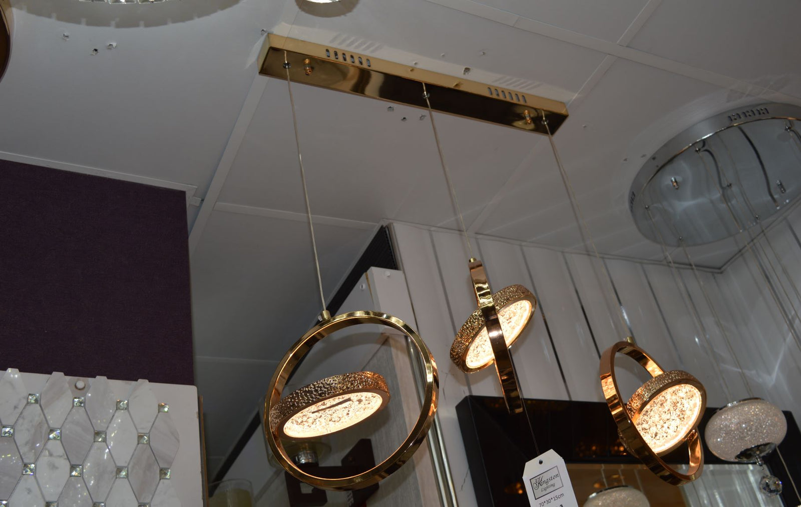 Rosegold Crystal Pendant Light with Rotating Ring-209 with matching different size lights