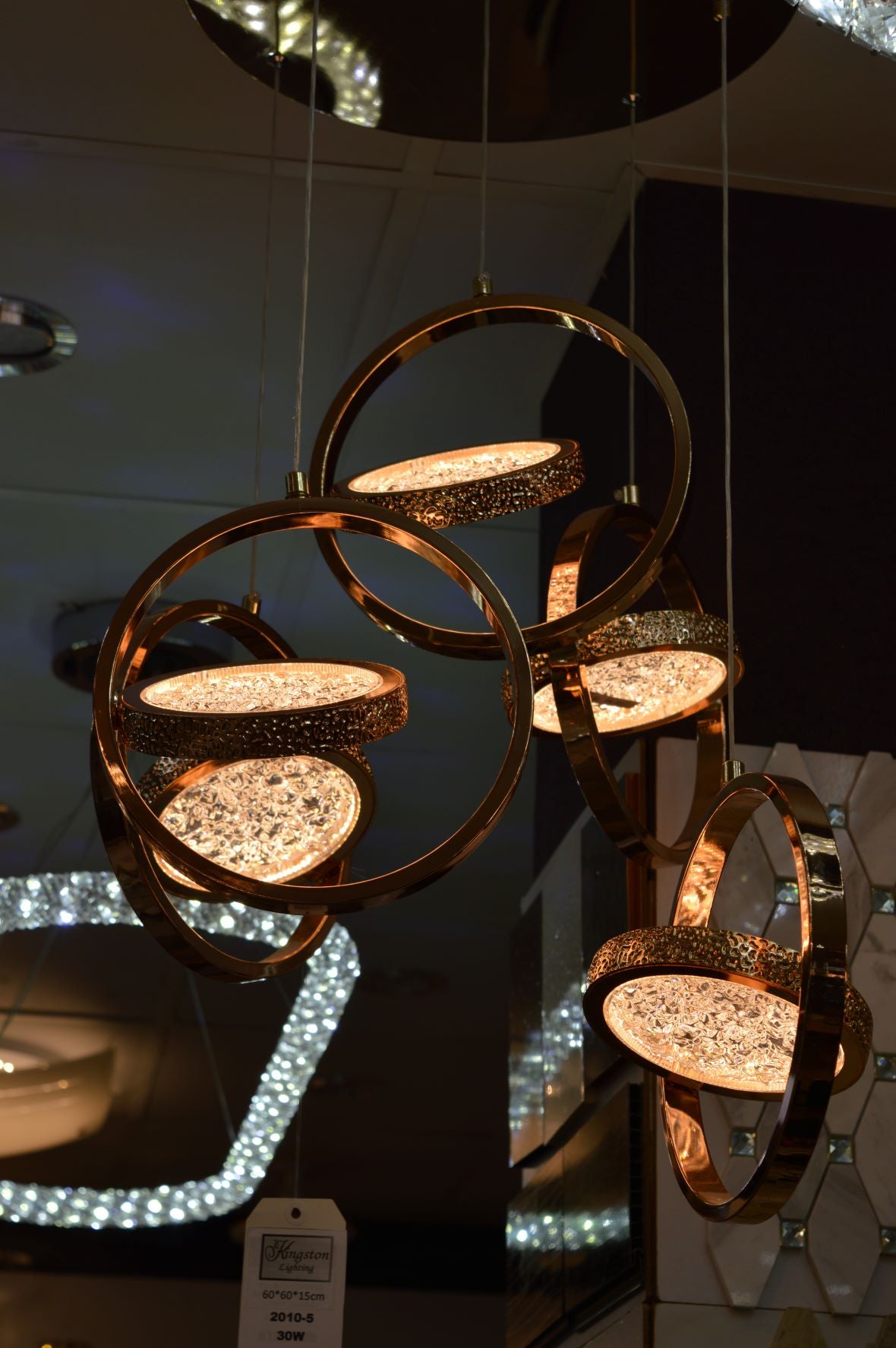 Rosegold Crystal Pendant Light with Rotating Ring-209 with matching different size lights