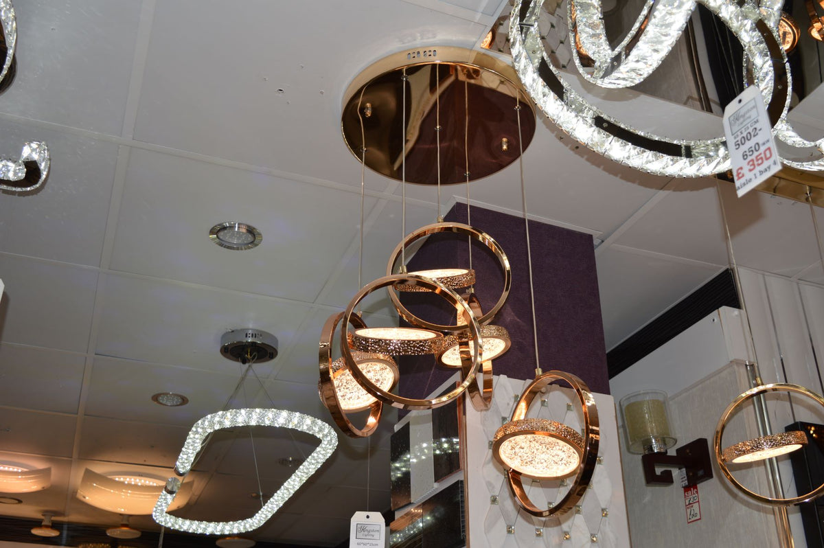 Rosegold Crystal Pendant Light with Rotating Ring-209 with matching different size lights