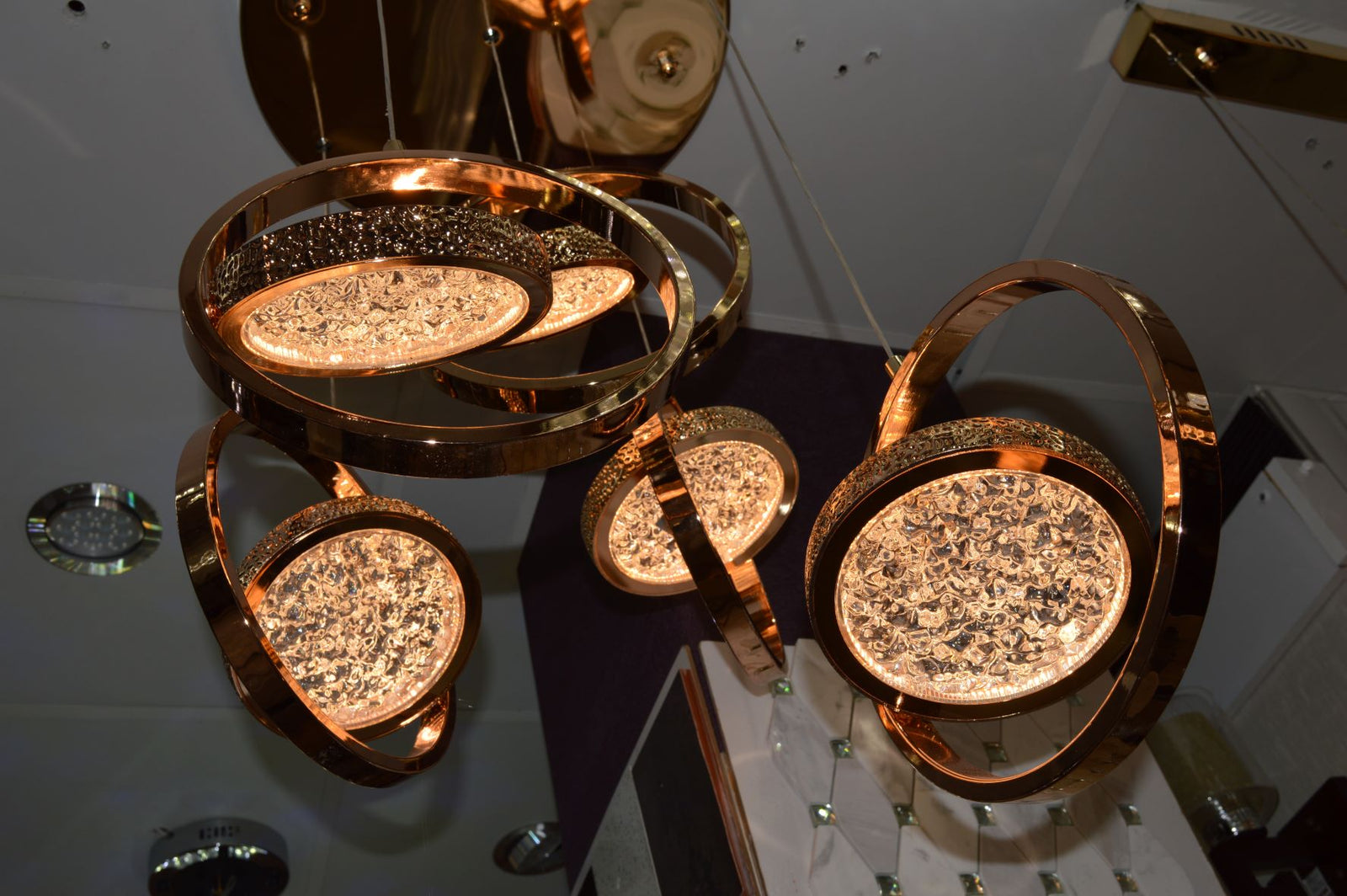 Rosegold Crystal Pendant Light with Rotating Ring-209 with matching different size lights