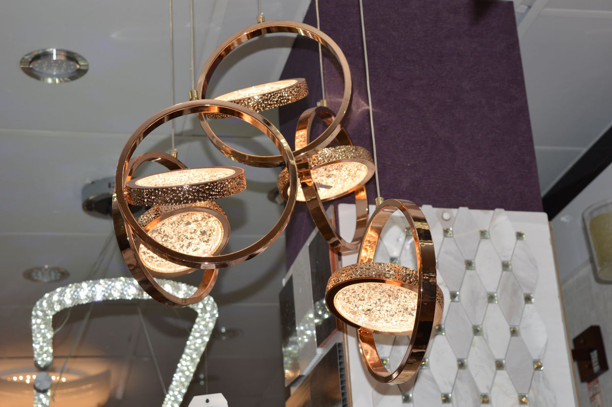 Rosegold Crystal Pendant Light with Rotating Ring-209 with matching different size lights