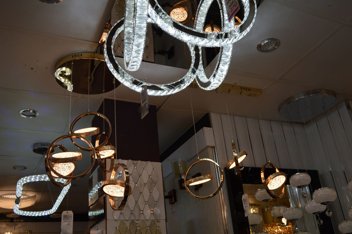 Rosegold Crystal Pendant Light with Rotating Ring-209 with matching different size lights