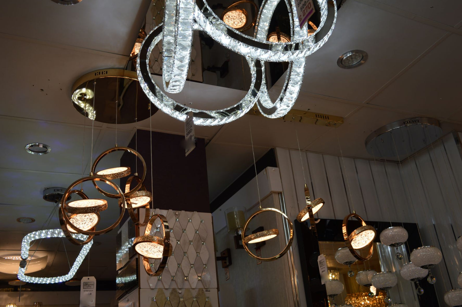 Rosegold Crystal Pendant Light with Rotating Ring-209 with matching different size lights