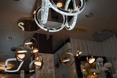 Pendant-Crystal Glass Pendant light with Rotating Ring-2010-1,3 & 5 rings(Rose Gold) with matching wall lights