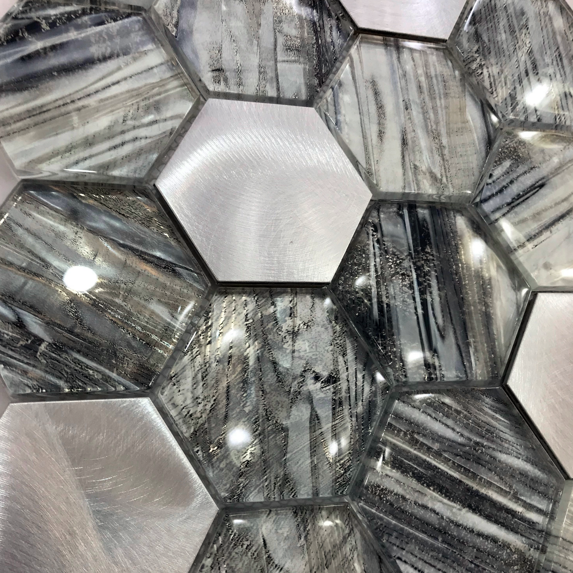 Hexagonal glass and aluminium mosaic tile