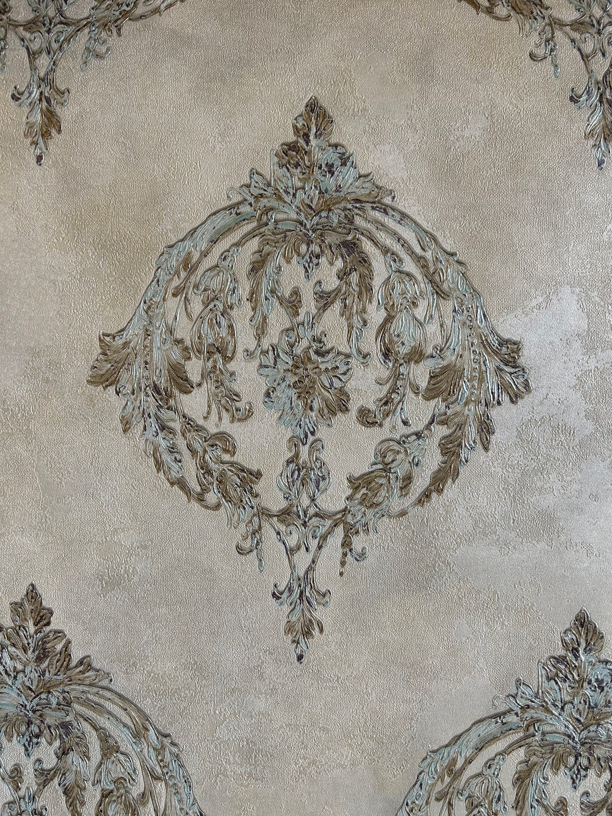 Cream with gold and blue beige damask pattern Luxury Wallpapers -15mtr Length and 1mtr Width-Equal to Normal 3Rolls-BU11501 & 506