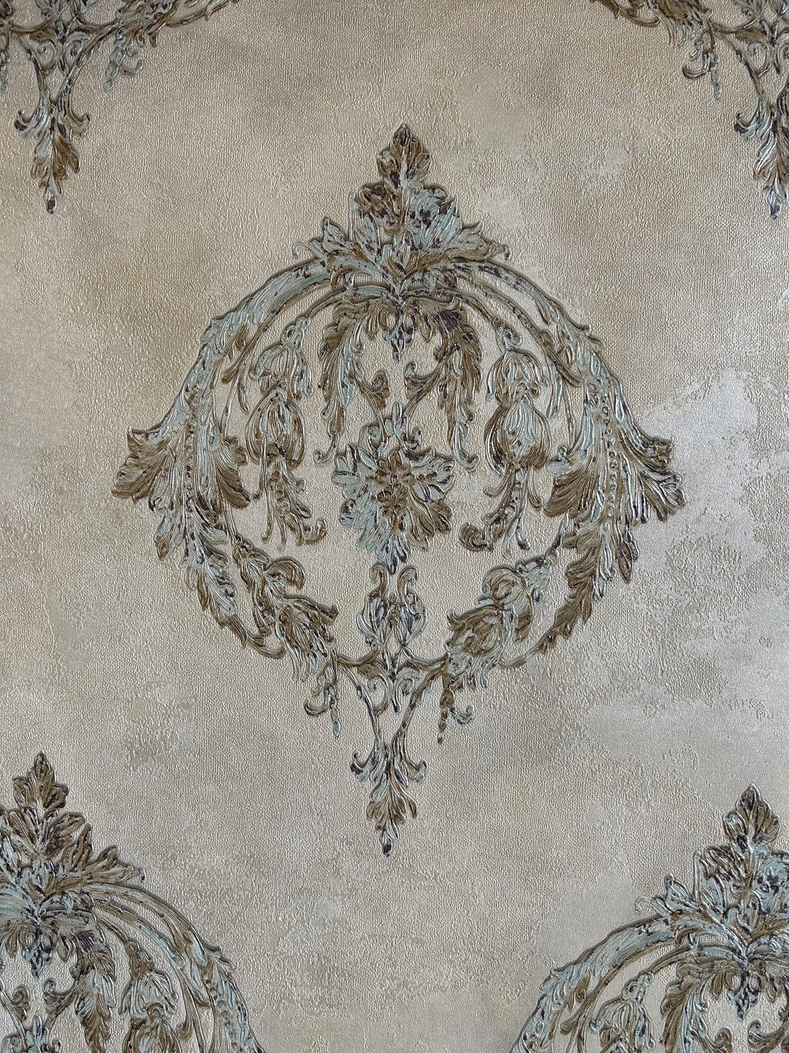 Cream with gold and blue beige damask pattern Luxury Wallpapers -15mtr Length and 1mtr Width-Equal to Normal 3Rolls-BU11501 & 506