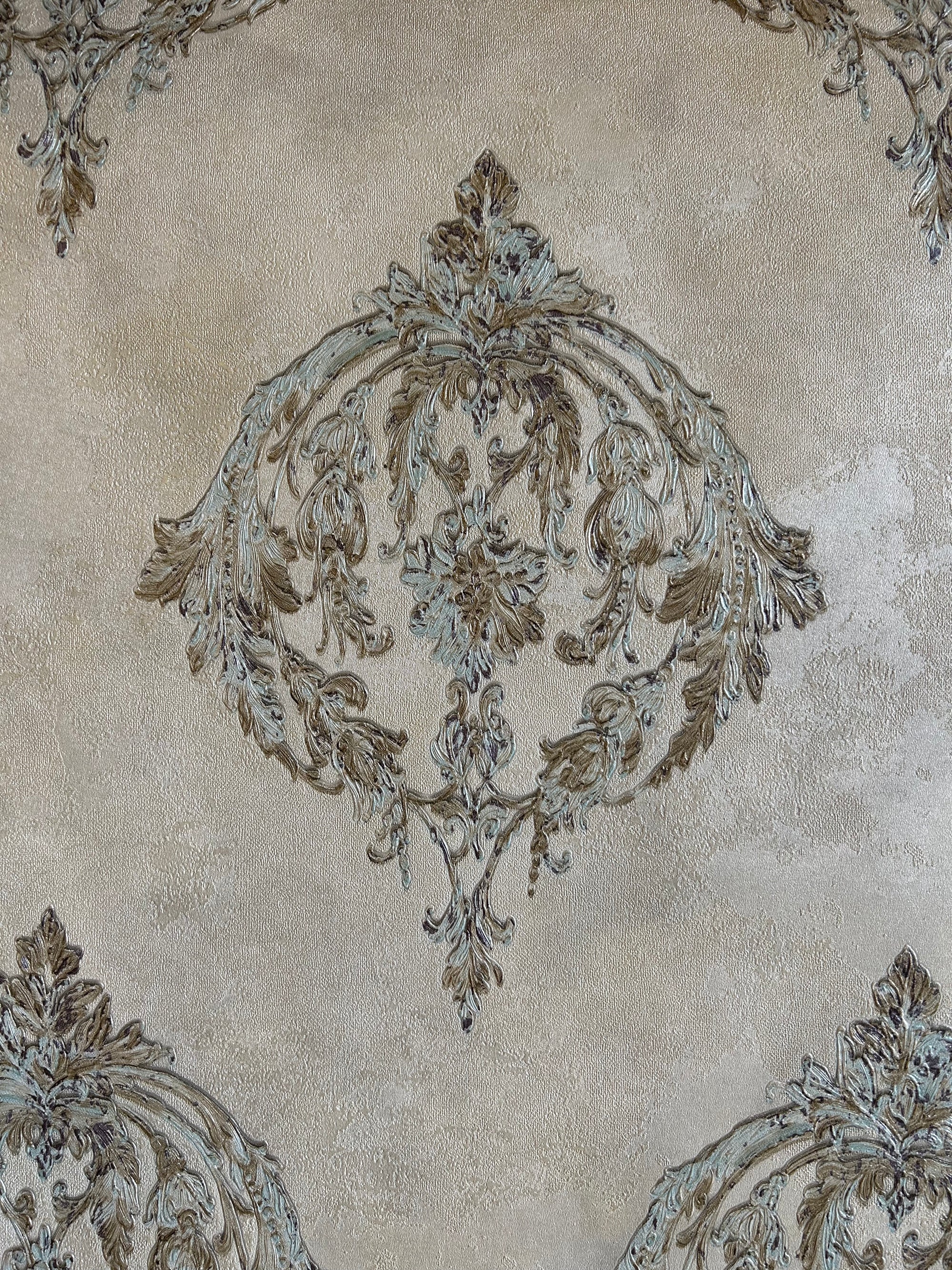 Cream with gold and blue beige damask pattern Luxury Wallpapers -15mtr Length and 1mtr Width-Equal to Normal 3Rolls-BU11501 & 506