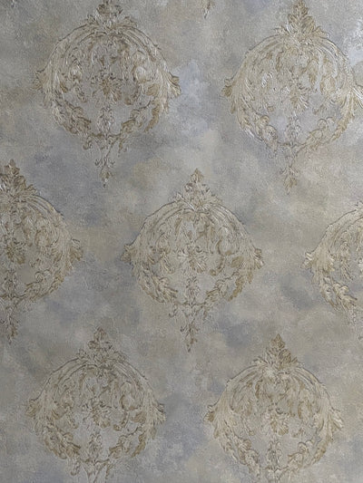 Cream with gold and blue beige damask pattern Luxury Wallpapers -15mtr Length and 1mtr Width-Equal to Normal 3Rolls-BU11501 & 506