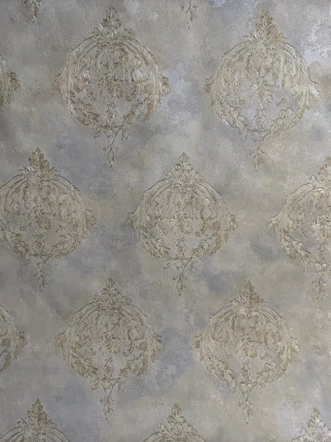 Cream with gold and blue beige damask pattern Luxury Wallpapers -15mtr Length and 1mtr Width-Equal to Normal 3Rolls-BU11501 & 506