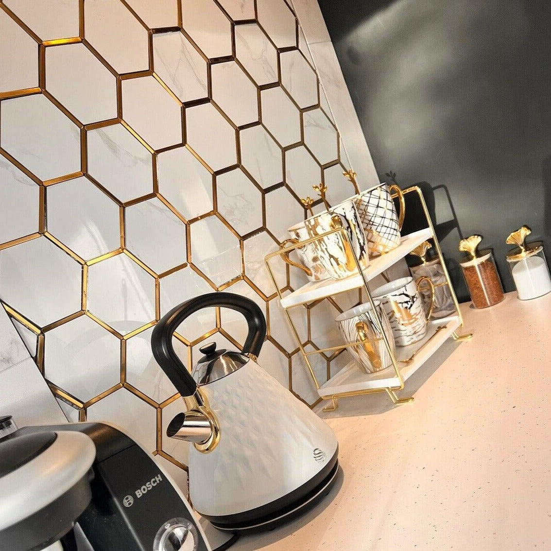 Hexagonal Gold and White Elegant Porcelain Mosaic Tiles-220*380*8mm-11sheets-1m2-HEX-POR04