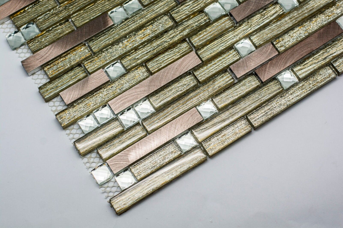 Noir & Grey & Gold Diamanté Glass Mosaic Tiles